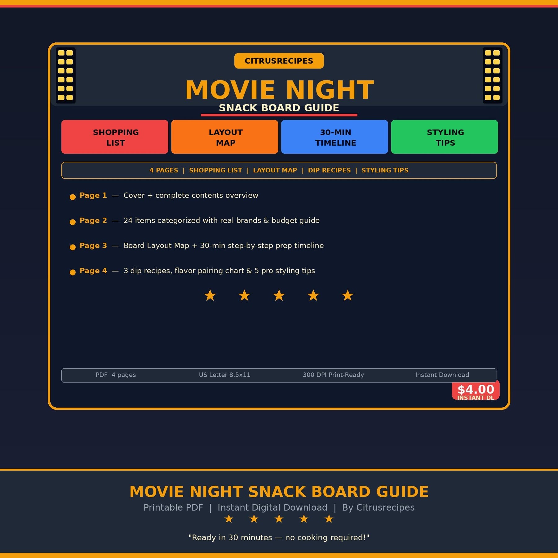 Movie Night Snack Board Guide | Printable Party Planner PDF | Shopping List + Layout Map | Instant Digital Download