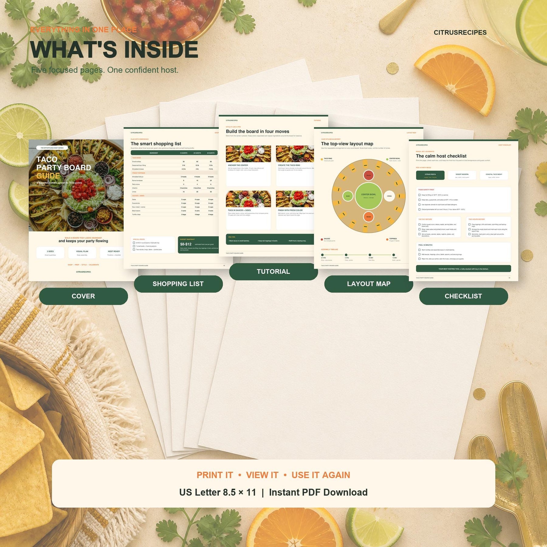 Taco Party Board Guide Printable, Taco Bar Shopping List & Layout Map, Fiesta Hosting Checklist, Instant Download PDF