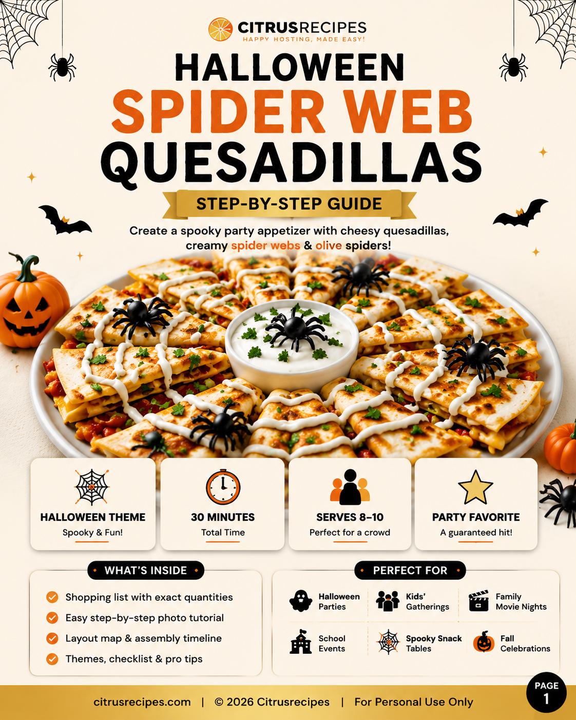 Halloween Spider Web Quesadillas Recipe | Printable Halloween Party Food Guide | Spooky Appetizer Ideas | Kids Party PDF | Fall Entertaining