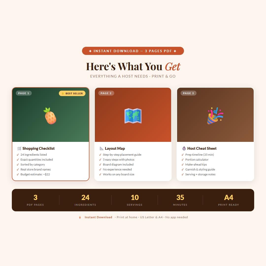 Tropical Fruit Grazing Board Guide | Printable PDF Shopping List + Layout Map | Summer Party Snack Board | Instant Download