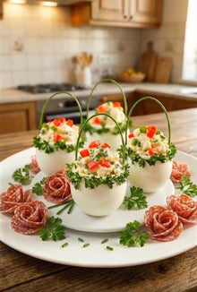Egg Basket Appetizer Board Guide | Printable Party Platter PDF | Filled Eggs + Meat Roses + Chive Handles | Instant Download