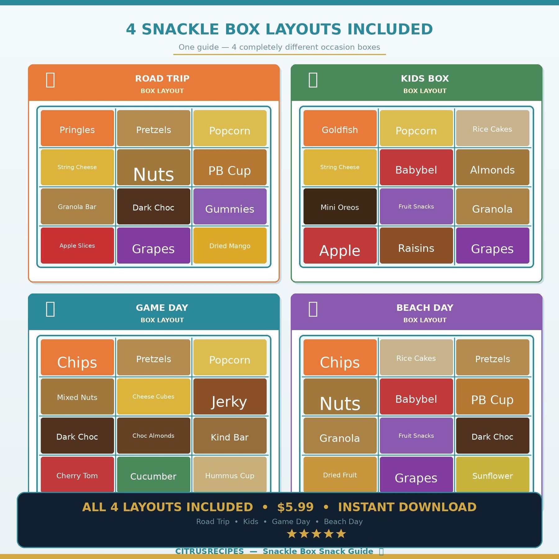 Snackle Box Snack Guide | Printable Snack Box Ideas PDF | Road Trip + Kids + Game Day + Beach | Shopping List | Instant Download