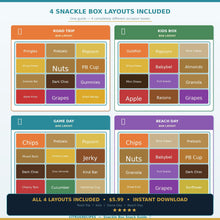 Snackle Box Snack Guide | Printable Snack Box Ideas PDF | Road Trip + Kids + Game Day + Beach | Shopping List | Instant Download