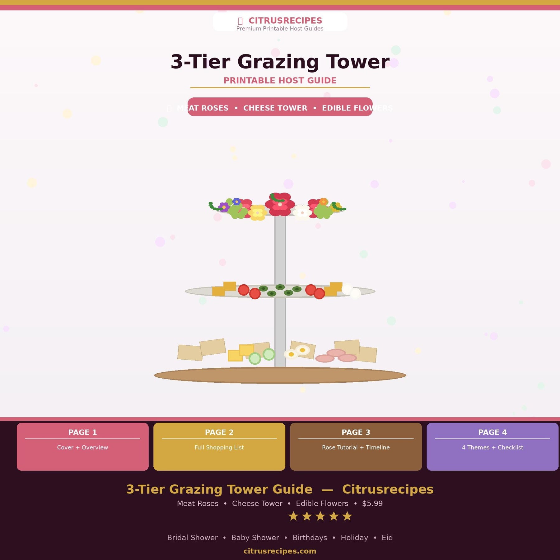 3-Tier Grazing Tower Guide | Printable Tiered Charcuterie Board PDF | Meat Rose Tutorial + Edible Flowers | Bridal Shower | Instant Download