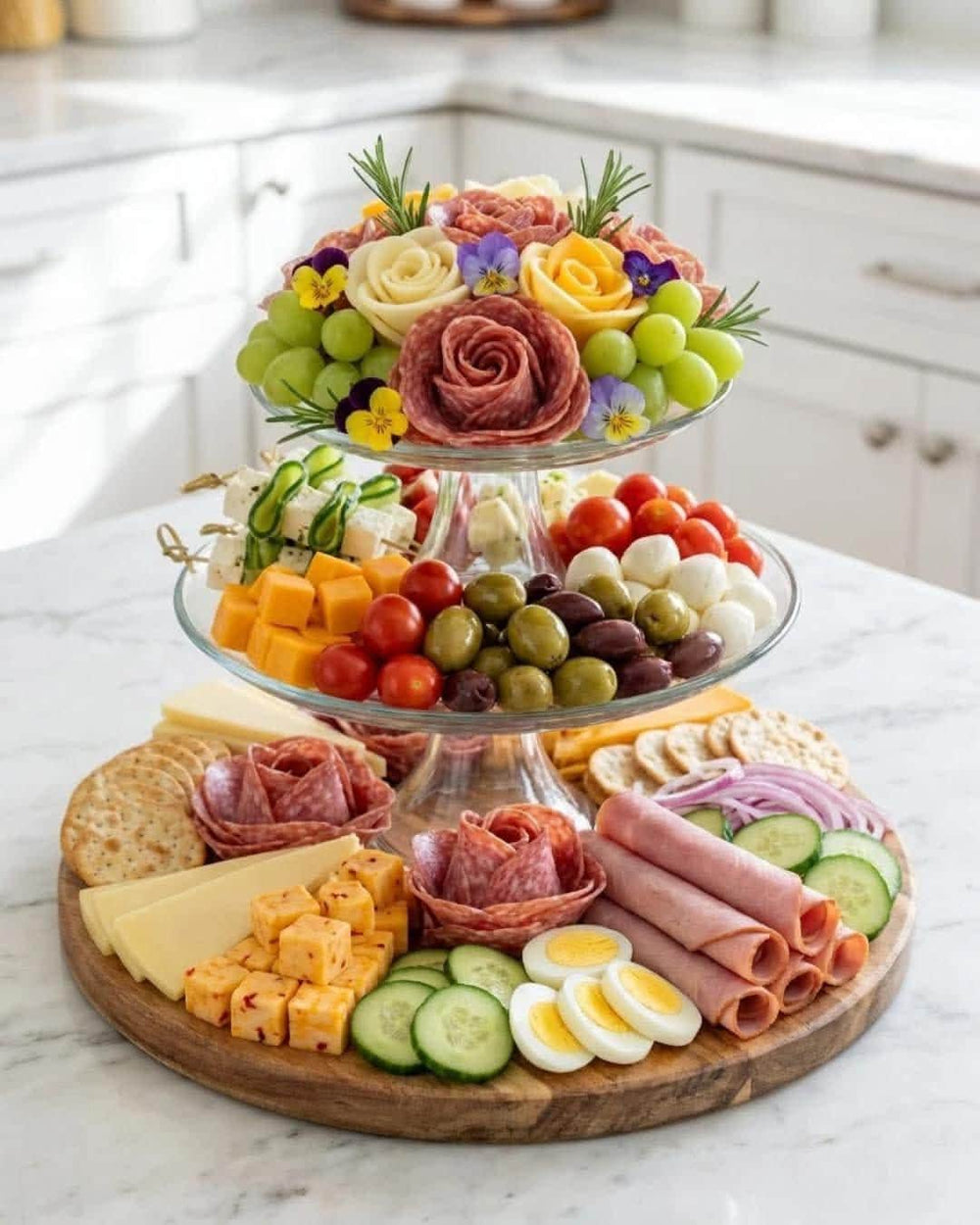 3-Tier Grazing Tower Guide | Printable Tiered Charcuterie Board PDF | Meat Rose Tutorial + Edible Flowers | Bridal Shower | Instant Download