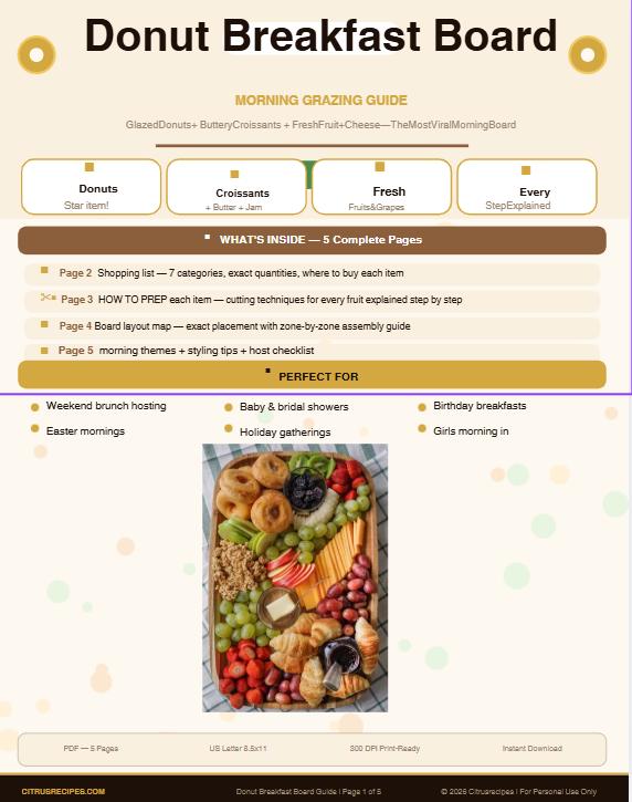 Donut Breakfast Grazing Board Guide – Viral Morning Brunch PDF, Donuts + Croissants + Fruit Layout, Printable Host Checklist