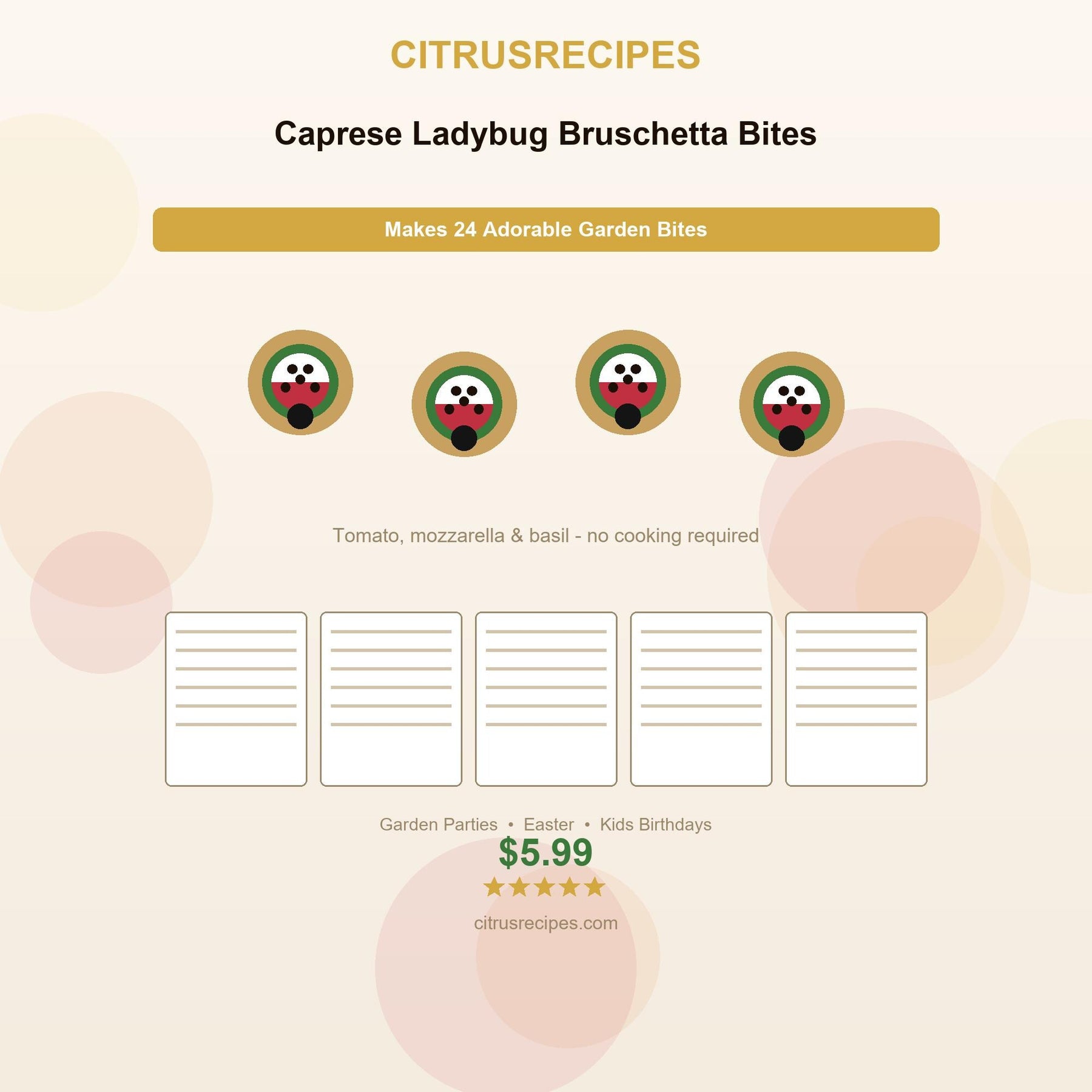 Caprese Ladybug Bruschetta Bites PDF Guide | Tomato Mozzarella Basil Garden Appetizer | Kids Birthday Easter | Instant Download