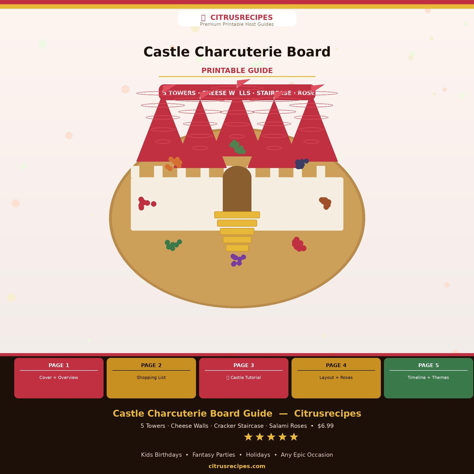 Castle Charcuterie Board Guide | Printable PDF Shopping List + Tutorial | Pepperoni Towers + Cheese Walls + Staircase | Instant Download