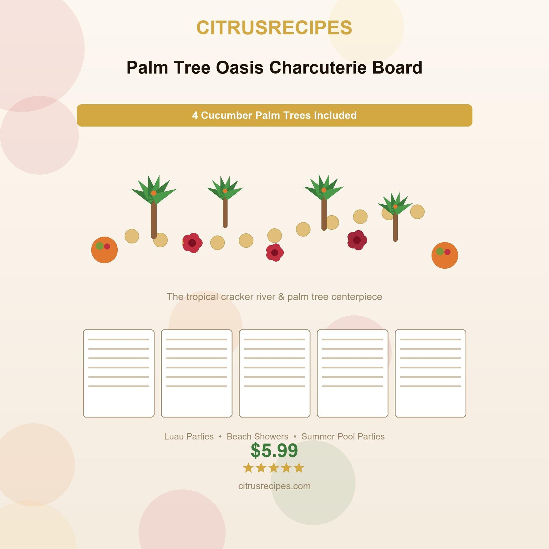 Palm Tree Charcuterie Board Guide PDF | Tropical Cracker River, Cucumber Trees & Salami Roses | Luau Party Printable | Instant Download