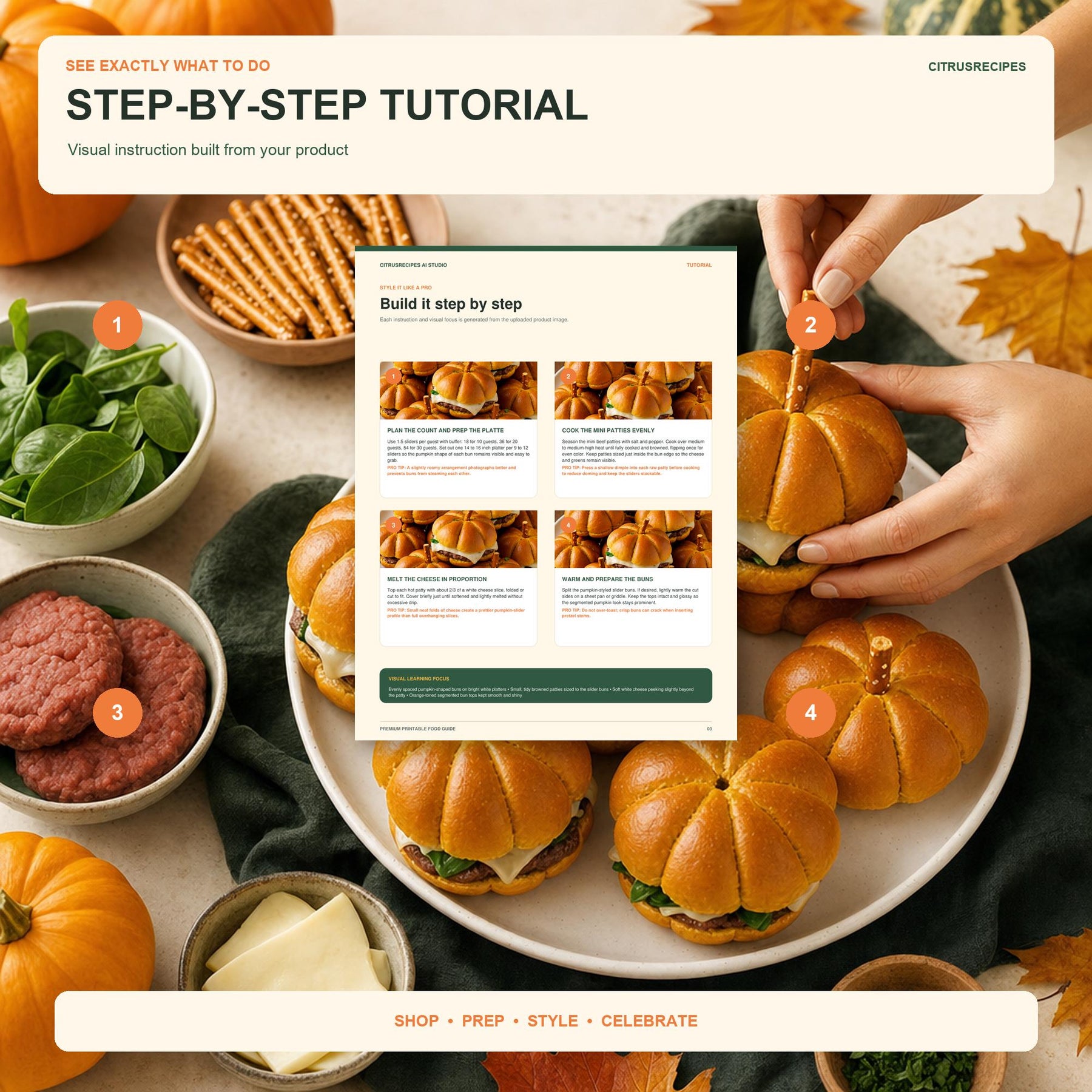 Pumpkin Slider Platter Guide Printable, Fall Burger Appetizer Board, Halloween Thanksgiving Party Food Plan