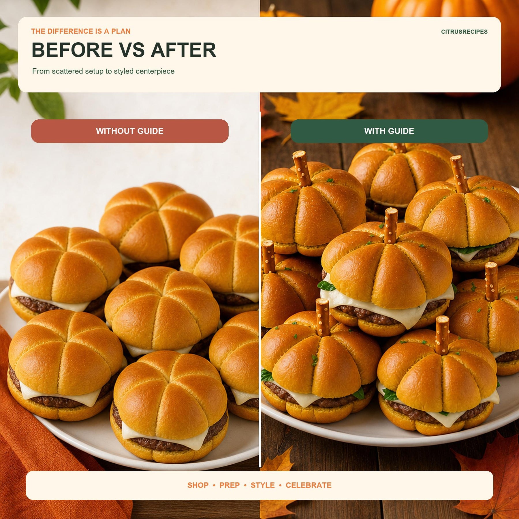 Pumpkin Slider Platter Guide Printable, Fall Burger Appetizer Board, Halloween Thanksgiving Party Food Plan