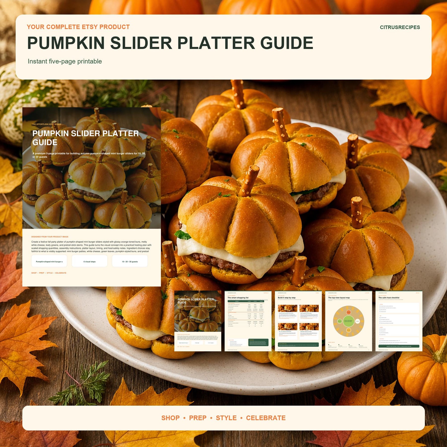 Pumpkin Slider Platter Guide Printable, Fall Burger Appetizer Board, Halloween Thanksgiving Party Food Plan