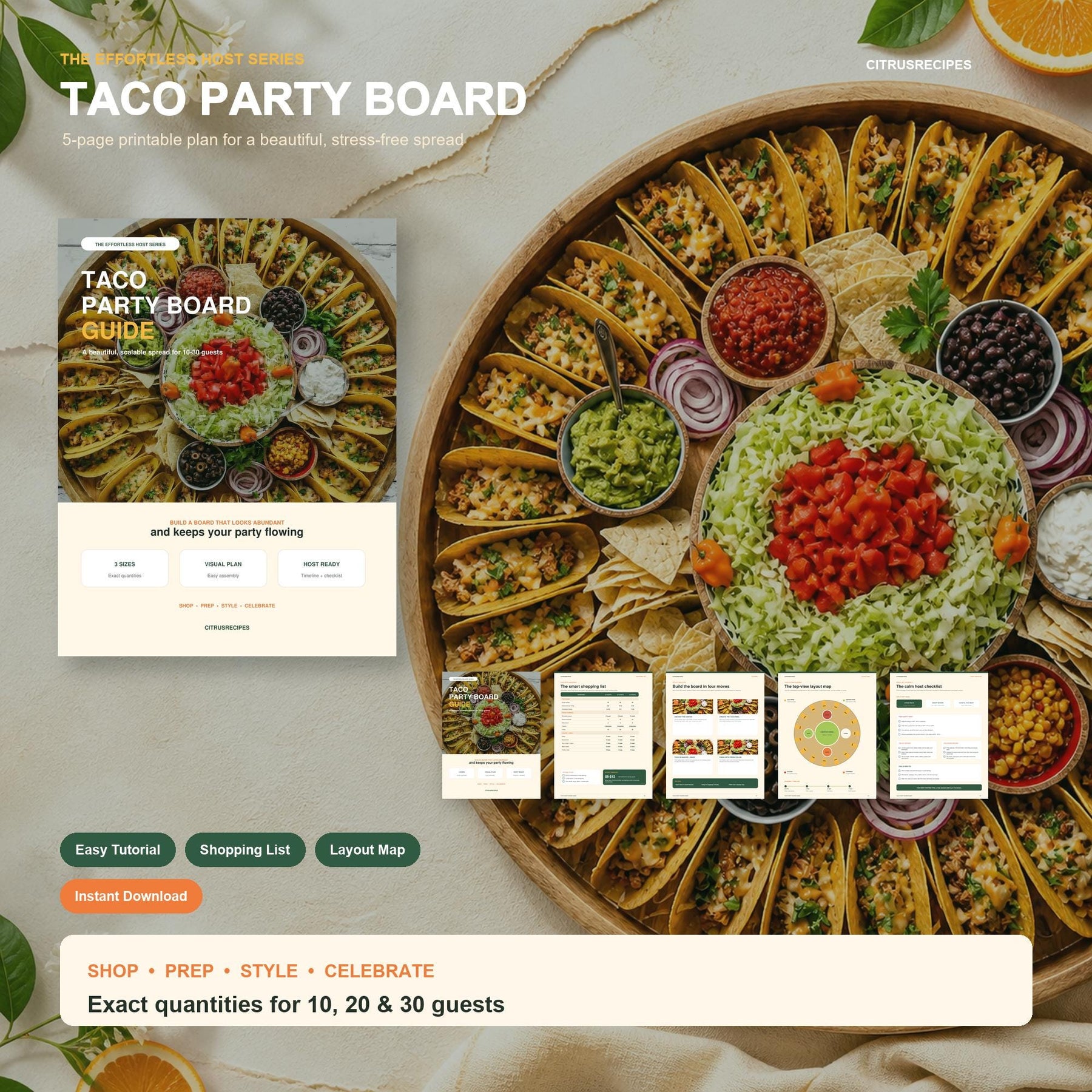 Taco Party Board Guide Printable, Taco Bar Shopping List & Layout Map, Fiesta Hosting Checklist, Instant Download PDF