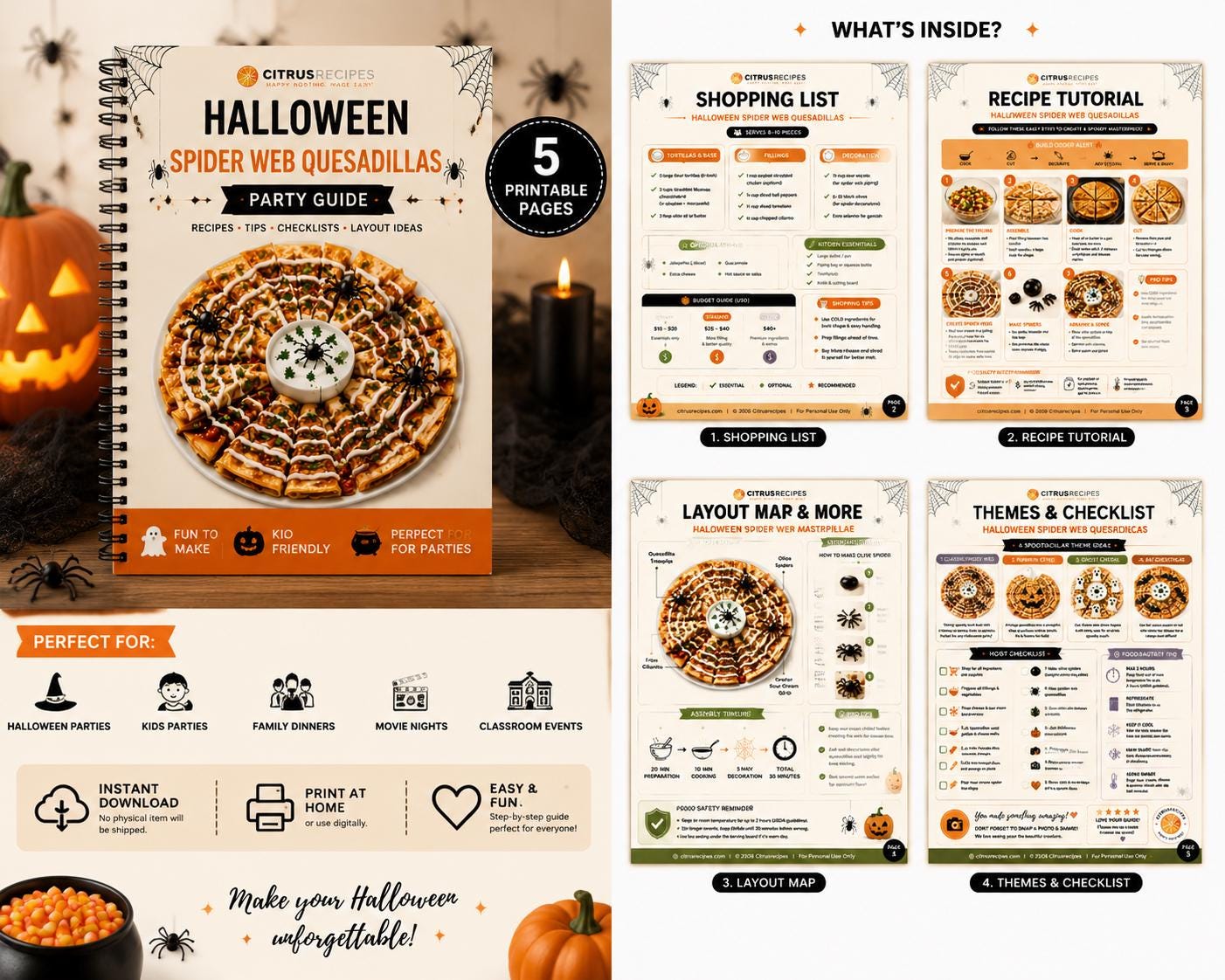 Halloween Spider Web Quesadillas Recipe | Printable Halloween Party Food Guide | Spooky Appetizer Ideas | Kids Party PDF | Fall Entertaining